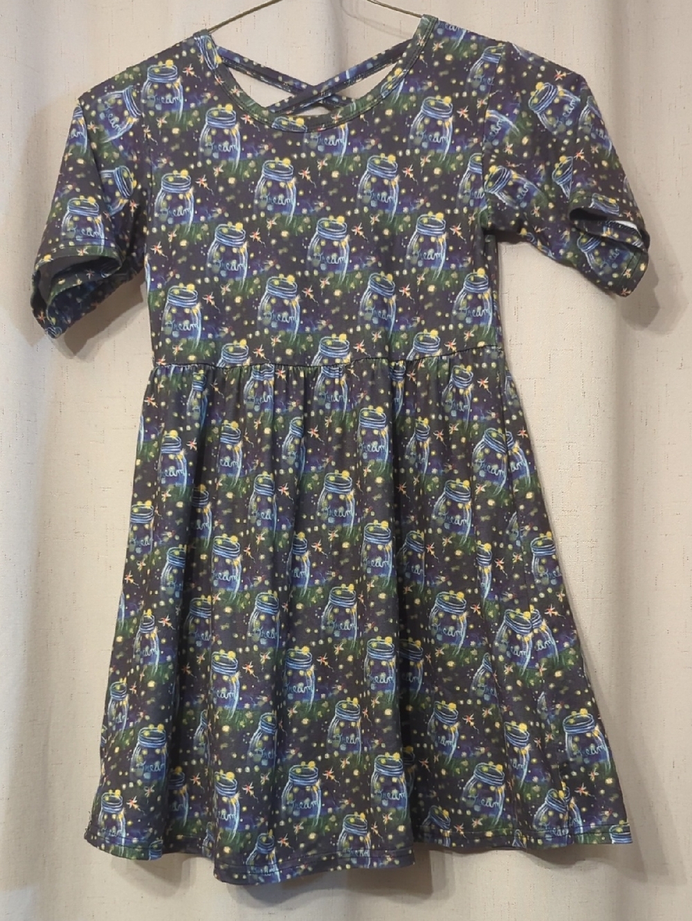 Girls' Green And Blue Firefly Jar Print Dress
